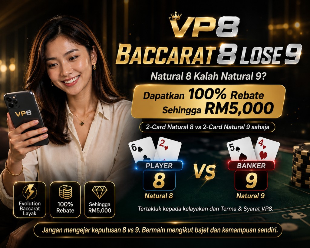 Wanita VP8MY menggunakan telefon pintar di meja Baccarat dengan promosi Natural 8 Kalah Natural 9 dan rebate 100% sehingga RM5,000.