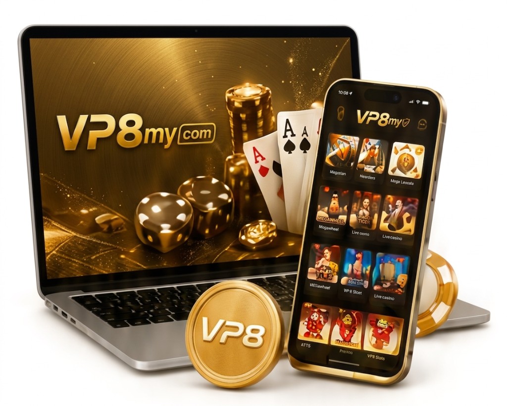 Laptop and smartphone displaying the VP8MY gaming platform with coins and golden playing cards.
