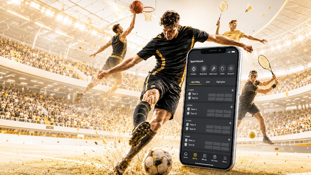 Sports betting app on a smartphone featuring football, basketball, badminton and tennis athletes inside a stadium