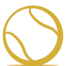 Gold graphic tennis ball icon with curved lines.