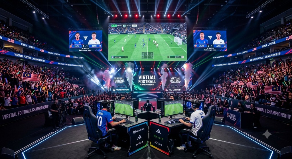 Two esports players competing in a virtual football tournament on a large stadium stage.