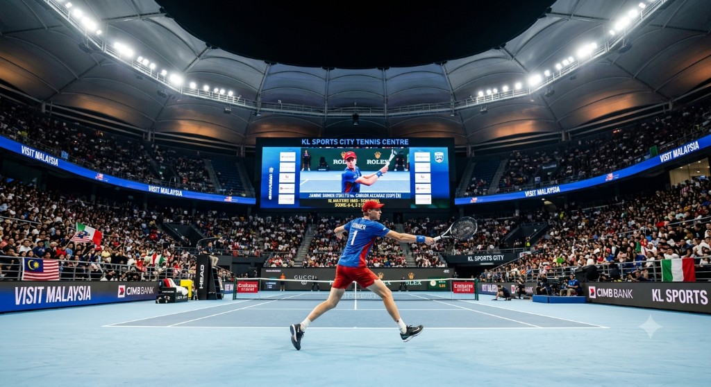 Tennis player in action at KL Sports City Tennis Centre watched by a large crowd.