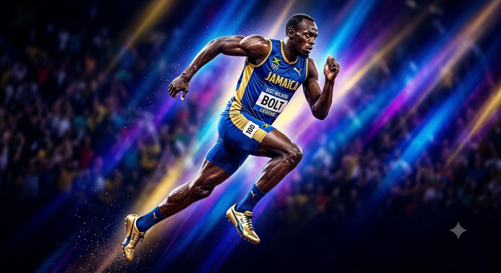 Sprinter Usain Bolt running fast in a Jamaica jersey with stage lights in the background.