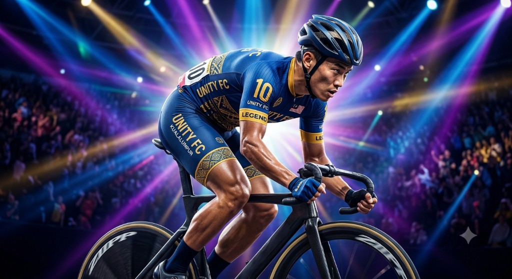 Cyclist riding fast inside a velodrome with colourful lighting.