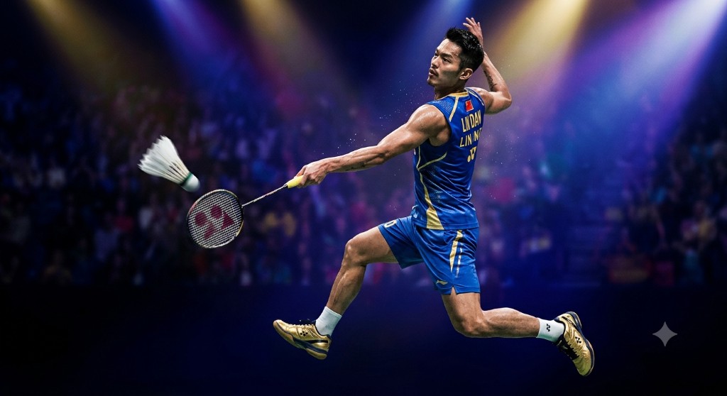 Badminton player jumping into the air for a smash shot in a stadium.