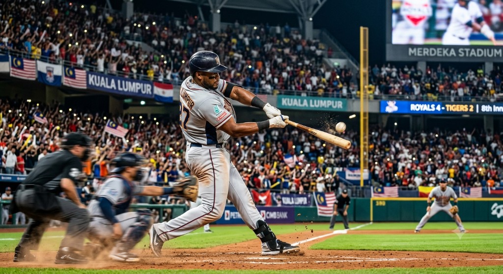 Baseball player swinging the bat to hit the ball in front of an energetic stadium crowd.