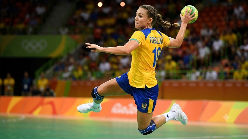 Female handball player leaping high in the air to release a shot towards the goal.