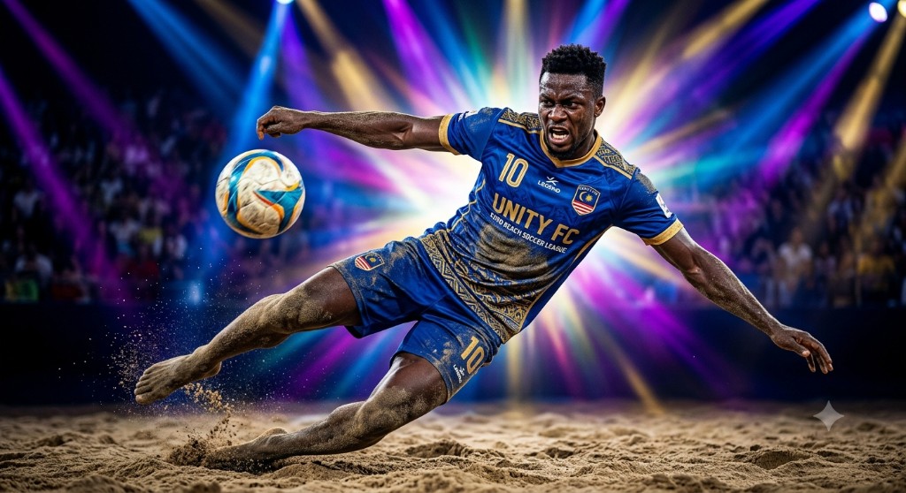 Beach soccer player barefoot kicking the ball on sand with stage lights in the background.