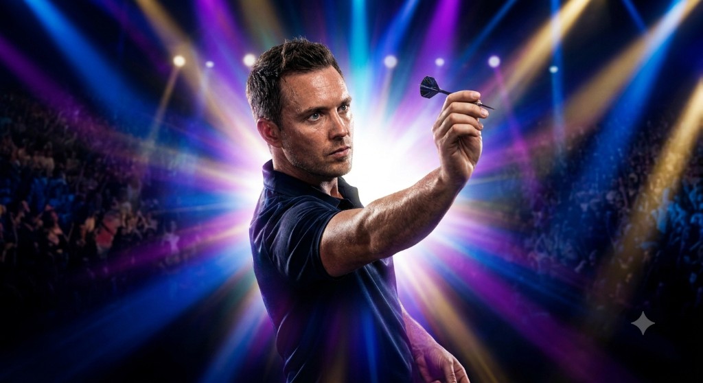 Male darts player holding a dart and focusing on the target on a lit stage.