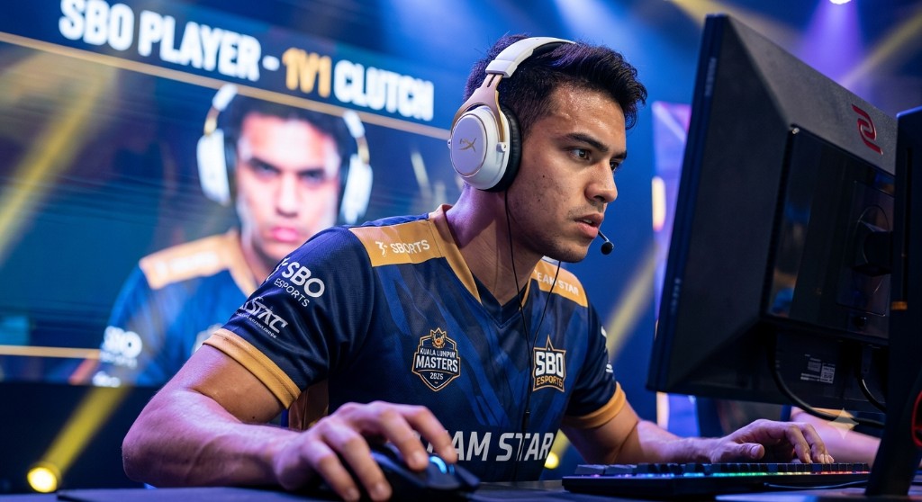 Esports player wearing a headset and competing in a video game tournament.