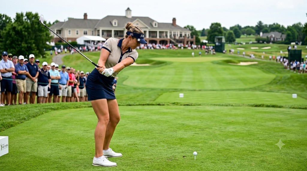 Female golfer on a green course swinging a golf club to hit the ball.