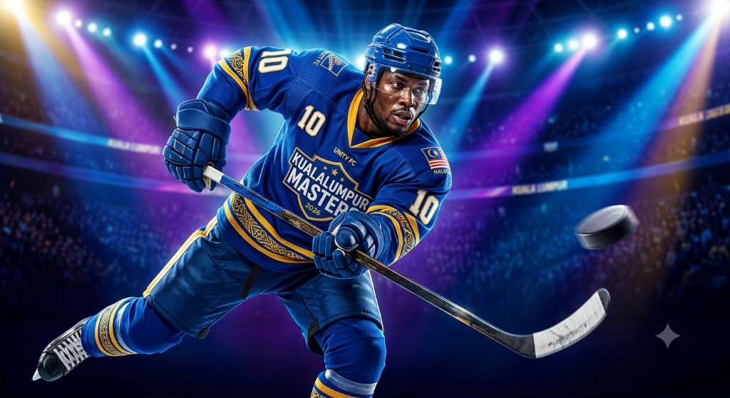 Ice hockey player in a blue jersey controlling the puck on an ice rink under stadium lights.
