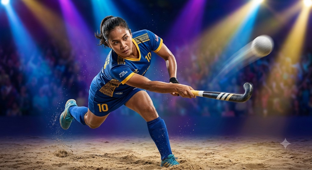 Female field hockey player striking the ball powerfully in a stadium.