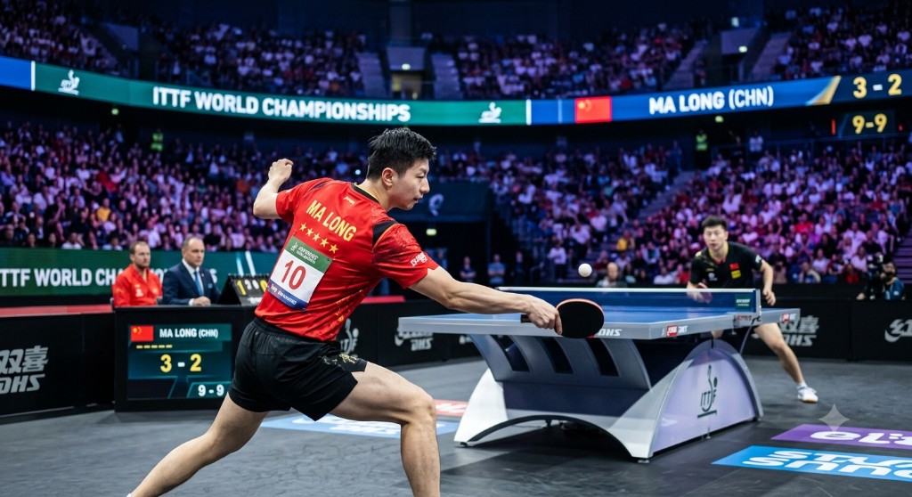 Table tennis player executing a fast flick shot during a world championship match.