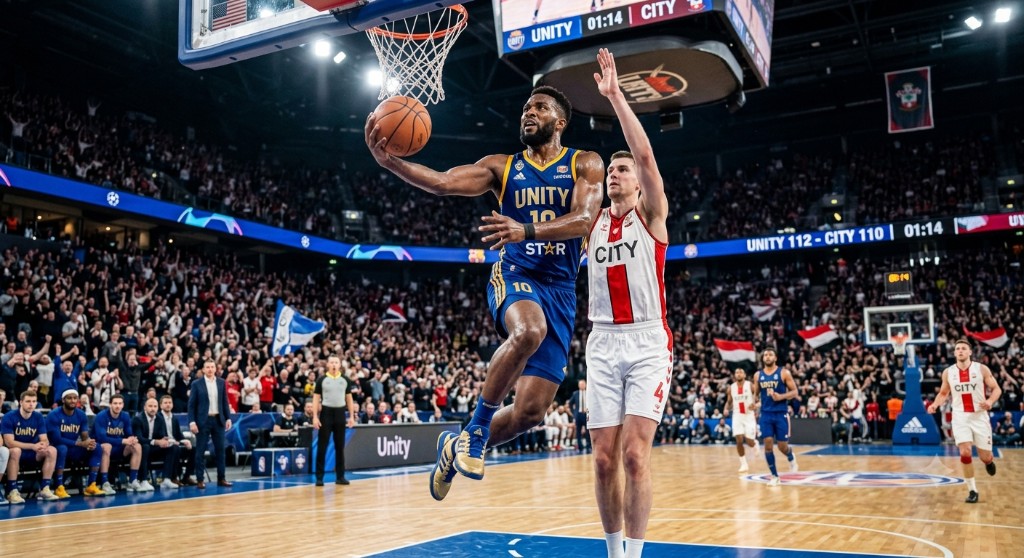 Basketball player jumping high to score under a lit court.