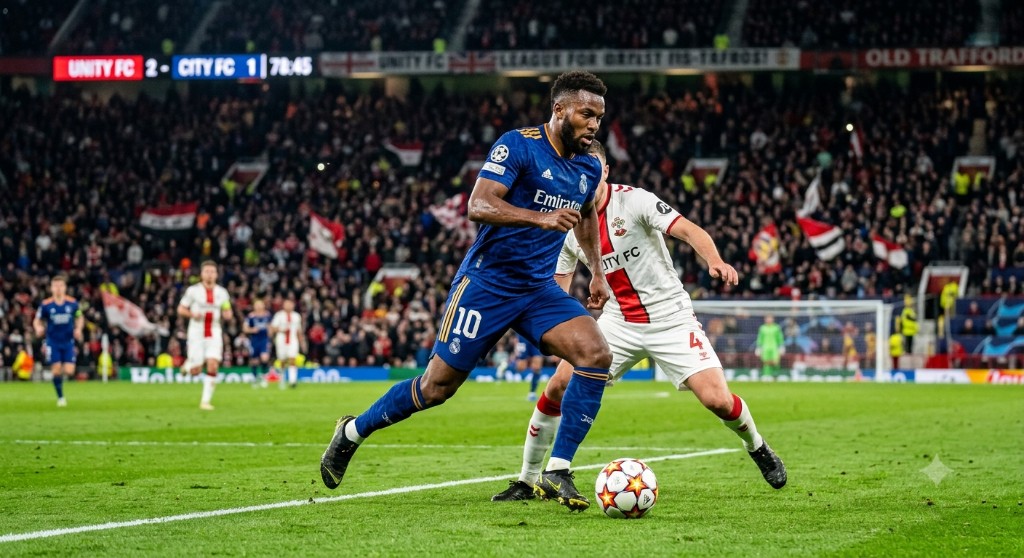Football player controlling the ball while being pressured by defenders in a packed stadium.
