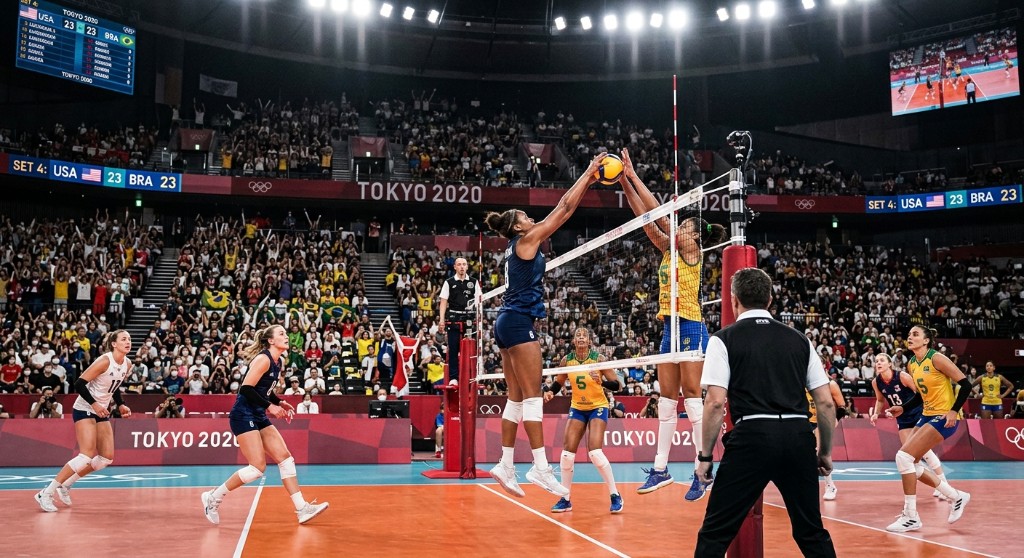 Female volleyball player jumping at the net to block an opponent's spike.