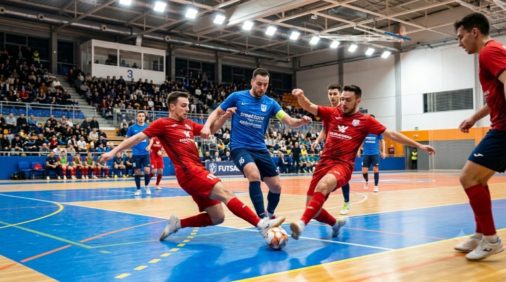 Futsal player in blue being challenged by two opponents in red on an indoor court.