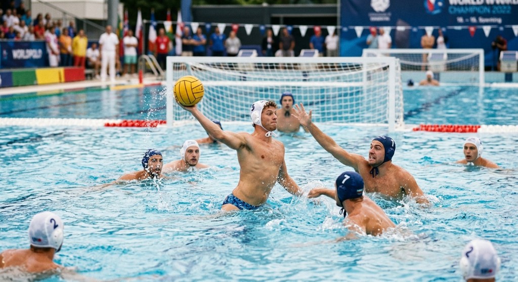 Male water polo player holding the ball in the pool during a championship match.