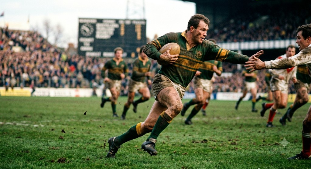 Rugby player running fast with the ball while trying to evade a tackle from an opponent.