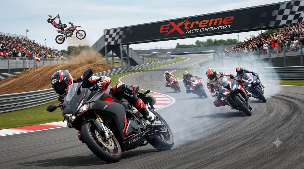 Motorcycle racer in action on a race track with a motocross freestyle jump in the air.