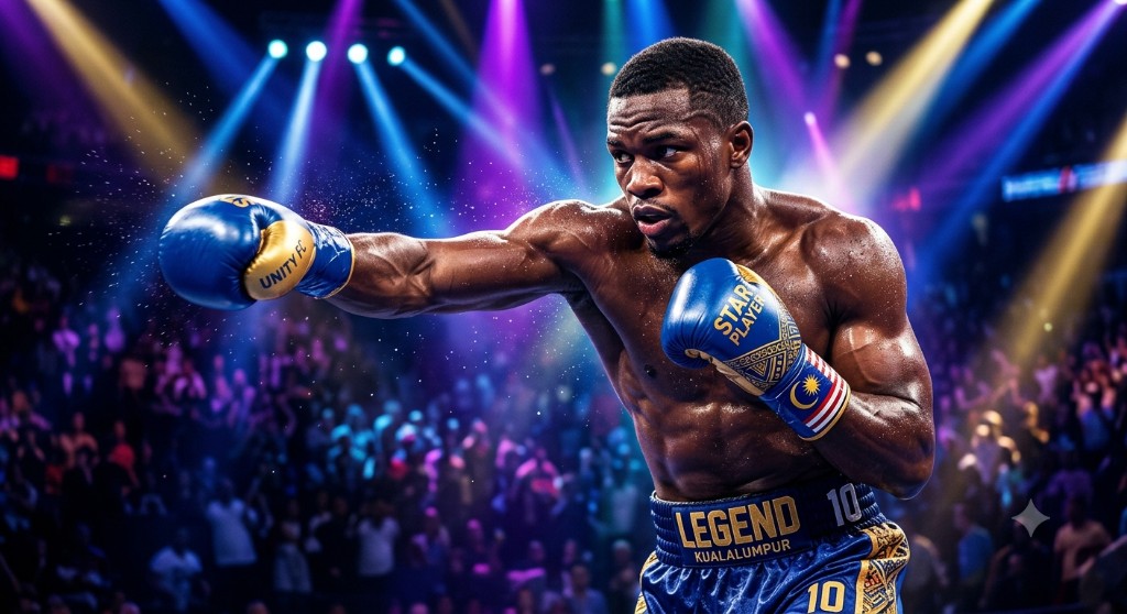 Male boxer delivering a powerful punch wearing blue gloves in a boxing ring.