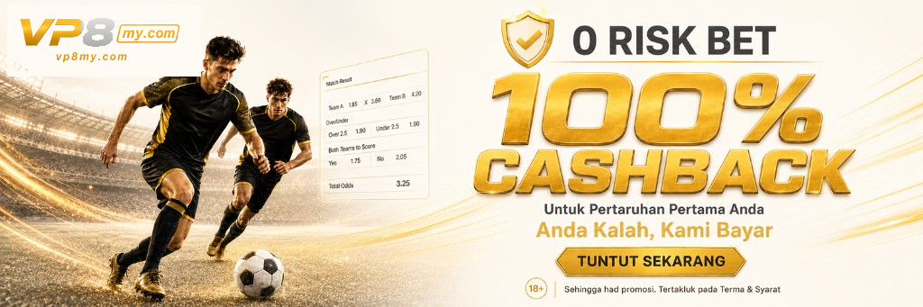 Zero-risk sports betting promotion banner with 100% cashback on your first bet