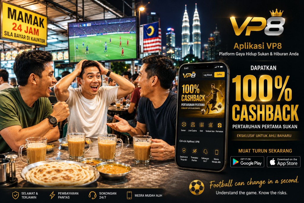 Tiga peminat bola sepak menonton perlawanan di kedai mamak Malaysia bersama promosi 100% Cashback pertaruhan pertama sukan VP8MY.